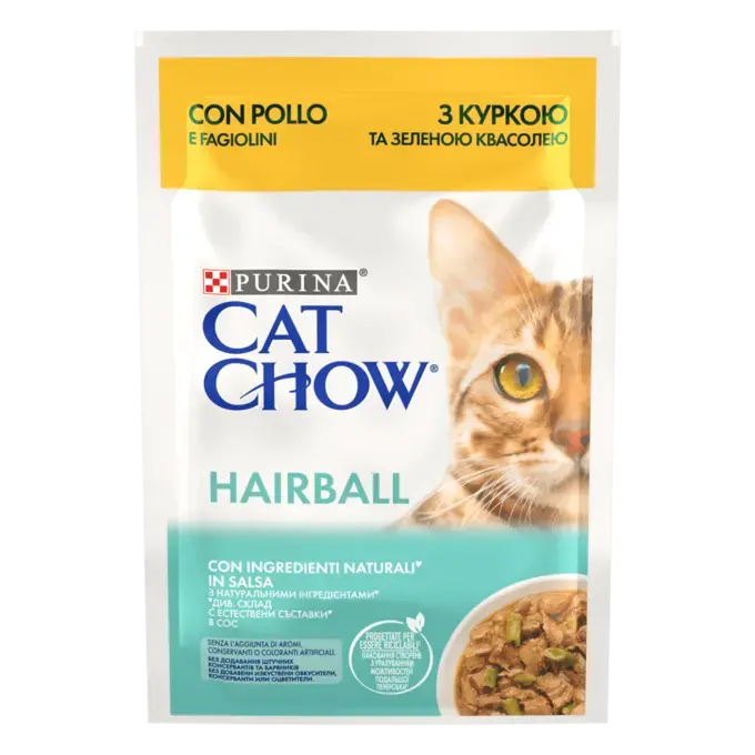 CAT CHOW Консервований порційний повнораціонний корм для дорослих котів, для зменшення утворення кульок шерсті у травному тракті, з куркою та зеленою квасолею, шматочки в підливці.