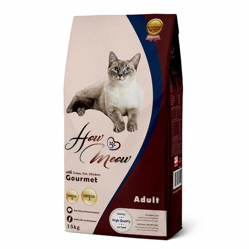 Повнораціонний корм для дорослих котів How Meow Adult Gourmet 15 кг (індичка, курка, риба)