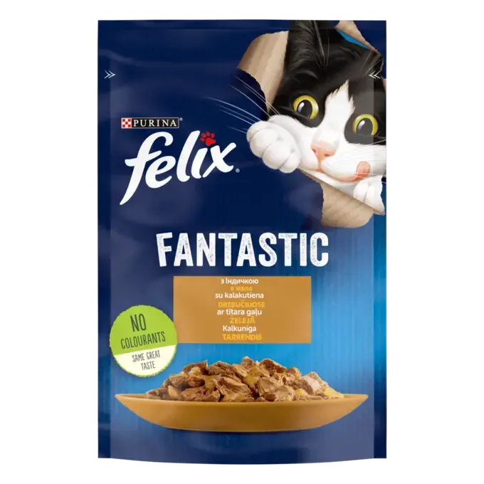 FELIX FANTASTIC з індичкою. Шматочки у желе. Консервований порційний повнораціонний корм для дорослих котів.