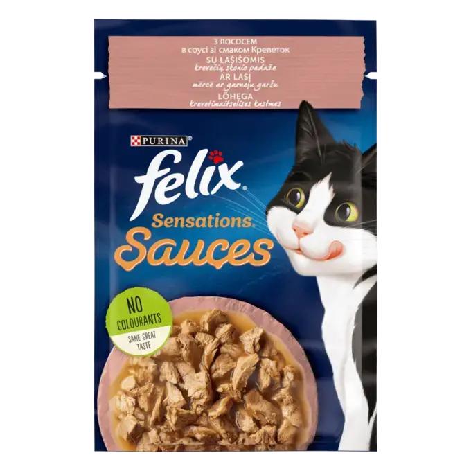 FELIX SENSATIONS SAUCES з лососем в соусі зі смаком креветок. Шматочки у соусі. Консервований порційний повнораціонний корм для дорослих котів.