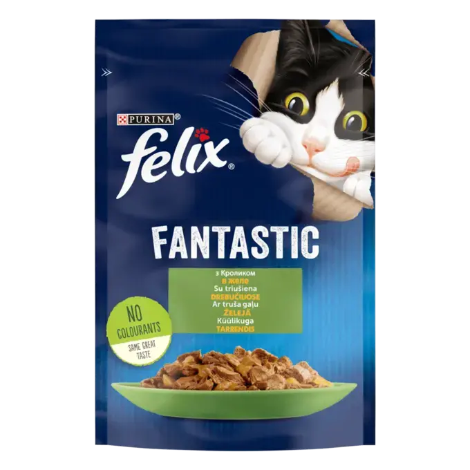 FELIX FANTASTIC з кроликом. Шматочки у желе. Консервований порційний повнораціонний корм для дорослих котів.