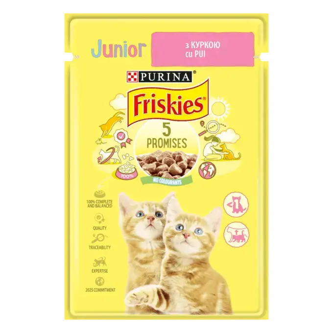 Friskies Junior (Джуніор) з куркою. Шматочки у підливці. Консервований порційний повнораціонний корм для кошенят.