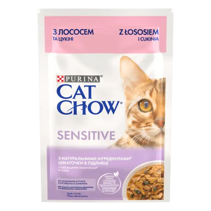 CAT CHOW Консервований порційний повнораціонний корм для дорослих котів із чутливим травленням, з лососем та цукіні, шматочки в підливці.