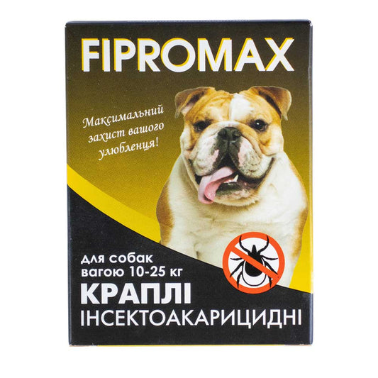 Краплі FIPROMAX д/середніх собак вагою 10-25 кг, 2 піп./уп. (фіпроніл,пірипроксифен),захист від бліх і кліщів 4тиж.