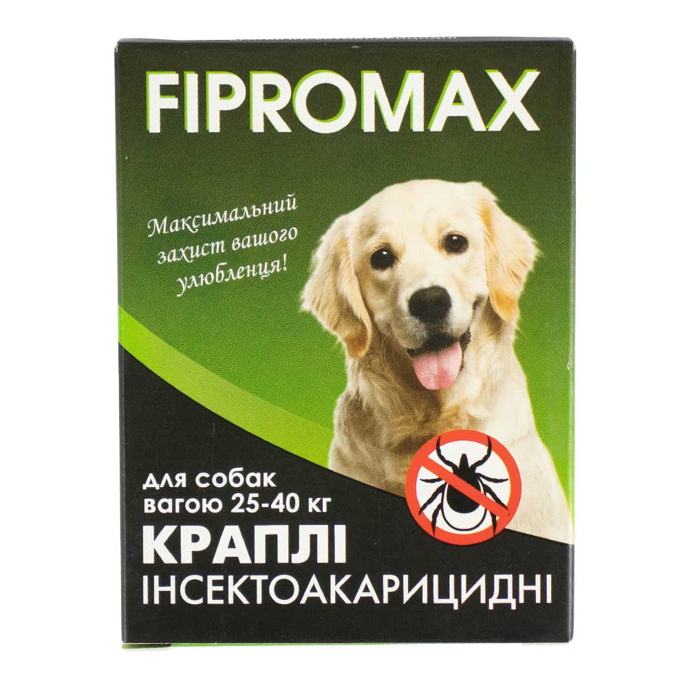 Краплі FIPROMAX д/середніх собак вагою 25-40 кг, 2 піп./уп. (фіпроніл,пірипроксифен),захист від бліх і кліщів 4тиж.