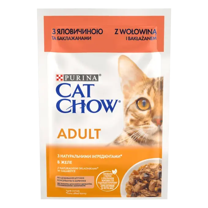 CAT CHOW Консервований порційний повнораціонний корм для дорослих котів, з яловичиною та баклажанами, ніжні шматочки в желе.