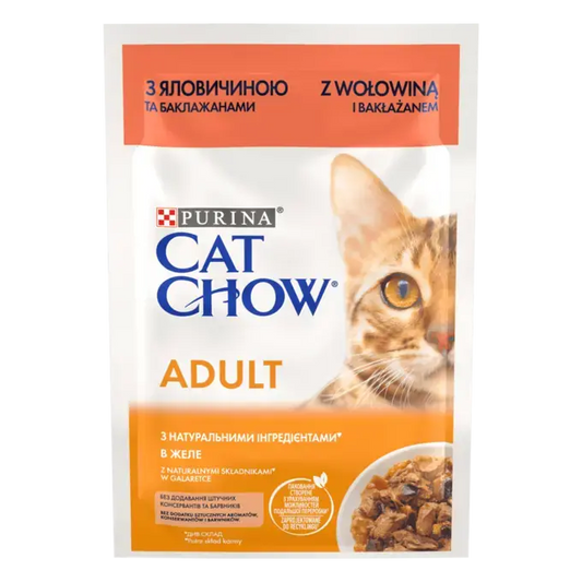 CAT CHOW Консервований порційний повнораціонний корм для дорослих котів, з яловичиною та баклажанами, ніжні шматочки в желе.