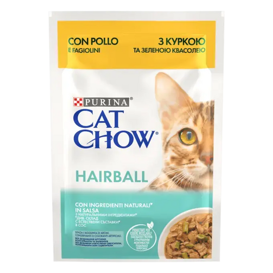 CAT CHOW Консервований порційний повнораціонний корм для дорослих котів, для зменшення утворення кульок шерсті у травному тракті, з куркою та зеленою квасолею, шматочки в підливці.