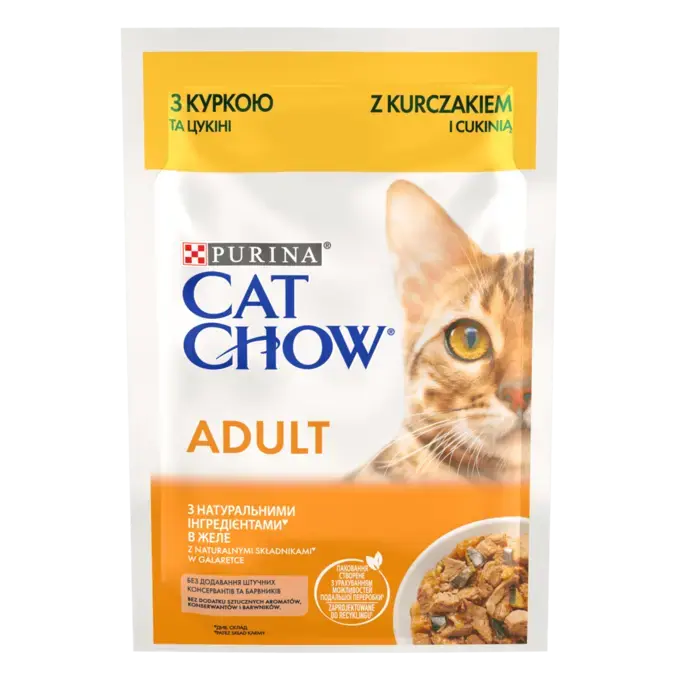 CAT CHOW Консервований порційний повнораціонний корм для дорослих котів, з куркою та цукіні, ніжні шматочки в желе.