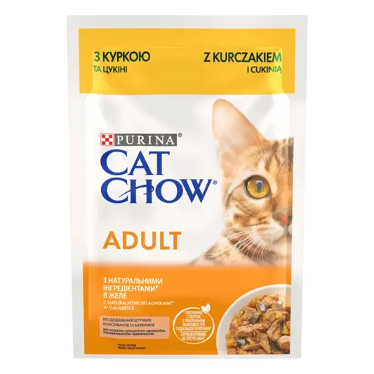 CAT CHOW Консервований порційний повнораціонний корм для дорослих котів, з куркою та цукіні, ніжні шматочки в желе.