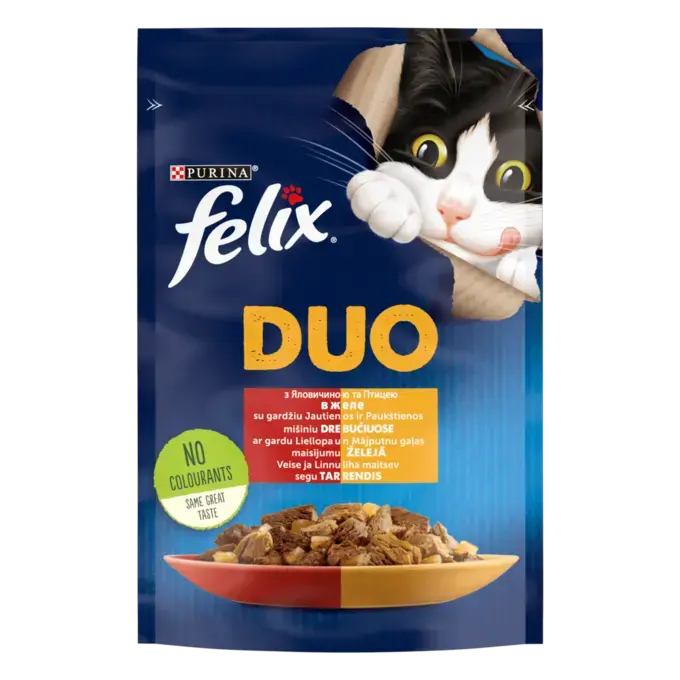 FELIX DUO з яловичиною та птицею. Шматочки в желе. Консервований порційний повнораціонний корм для дорослих котів.