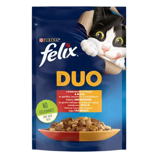 FELIX DUO з яловичиною та птицею. Шматочки в желе. Консервований порційний повнораціонний корм для дорослих котів.