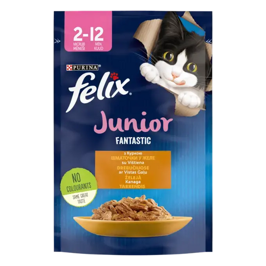 FELIX FANTASTIC JUNIOR (Джуніор) з куркою. Шматочки у желе. Консервований порційний повнораціонний корм для кошенят.