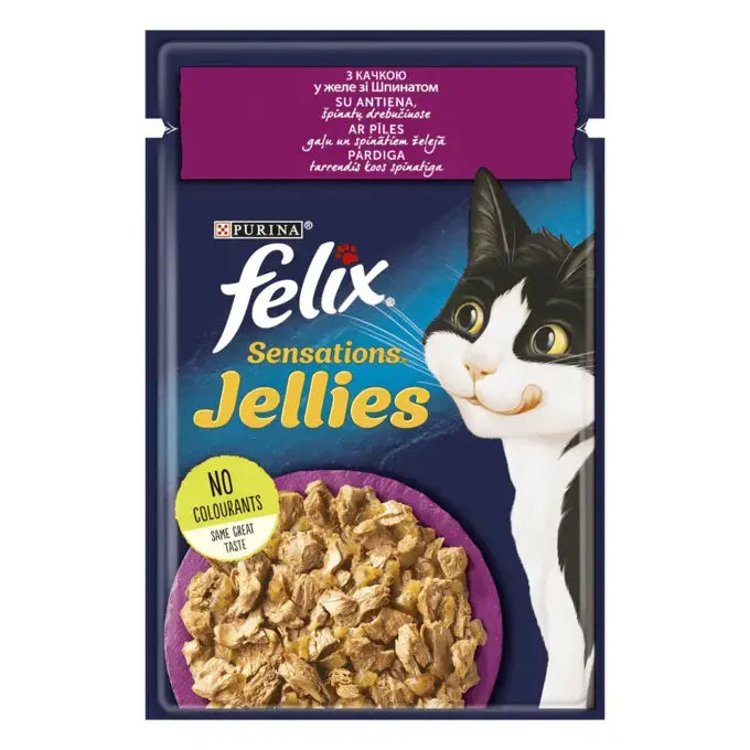 FELIX SENSATIONS JELLIES з качкою в желе зі шпинатом. Шматочки у желе. Консервований порційний повнораціонний корм для дорослих котів.