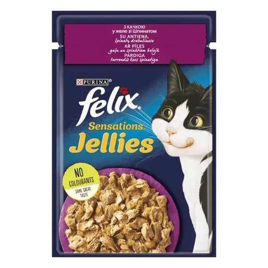 FELIX SENSATIONS JELLIES з качкою в желе зі шпинатом. Шматочки у желе. Консервований порційний повнораціонний корм для дорослих котів.
