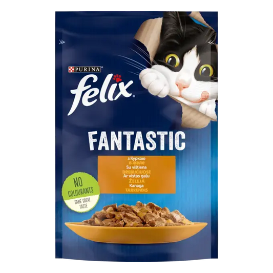 FELIX FANTASTIC з куркою. Шматочки у желе. Консервований порційний повнораціонний корм для дорослих котів.