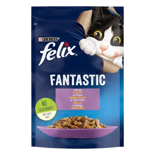 FELIX FANTASTIC з ягням. Шматочки у желе. Консервований порційний повнораціонний корм для дорослих котів