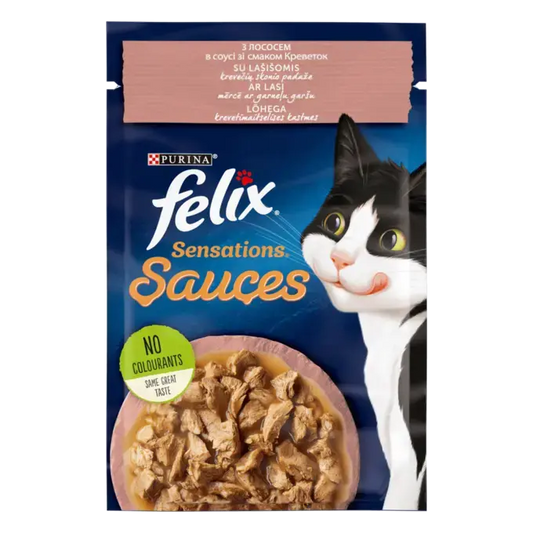 FELIX SENSATIONS SAUCES з лососем в соусі зі смаком креветок. Шматочки у соусі. Консервований порційний повнораціонний корм для дорослих котів.