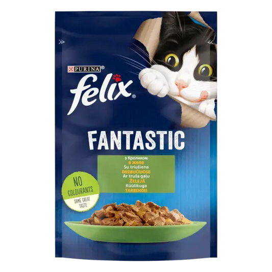 FELIX FANTASTIC з кроликом. Шматочки у желе. Консервований порційний повнораціонний корм для дорослих котів.