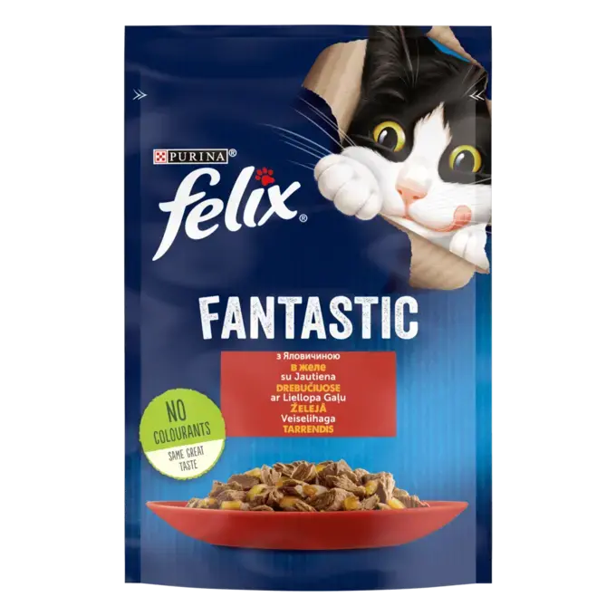 FELIX FANTASTIC з яловичиною в желе. Шматочки у желе. Консервований порційний повнораціонний корм для дорослих котів.