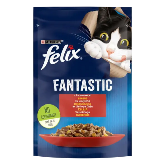 FELIX FANTASTIC з яловичиною в желе. Шматочки у желе. Консервований порційний повнораціонний корм для дорослих котів.