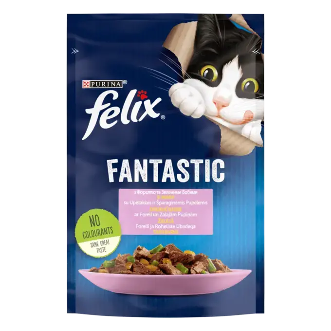 FELIX FANTASTIC з фореллю та зеленими бобами. Шматочки у желе. Консервований порційний повнораціонний корм для дорослих котів.