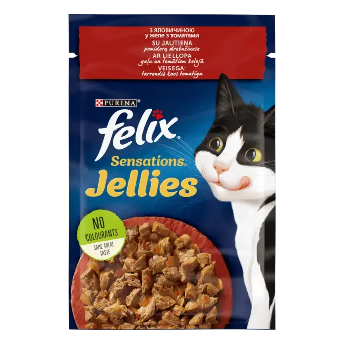 FELIX SENSATIONS JELLIES з яловичиною в желе з томатами. Шматочки у желе. Консервований порційний повнораціонний корм для дорослих котів.