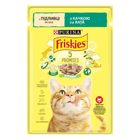 Friskies з качкою. Шматочки у підливці. Консервований порційний повнораціонний корм для дорослих котів.