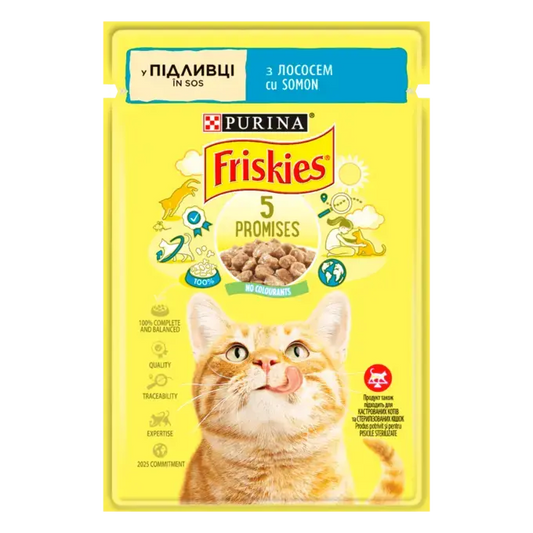 Friskies з лососем. Шматочки у підливці. Консервований порційний повнораціонний корм для дорослих котів.