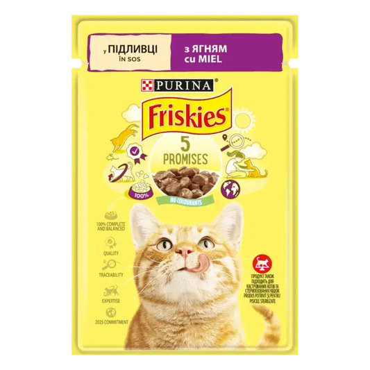 Friskies з ягням. Шматочки у підливці. Консервований порційний повнораціонний корм для дорослих котів.