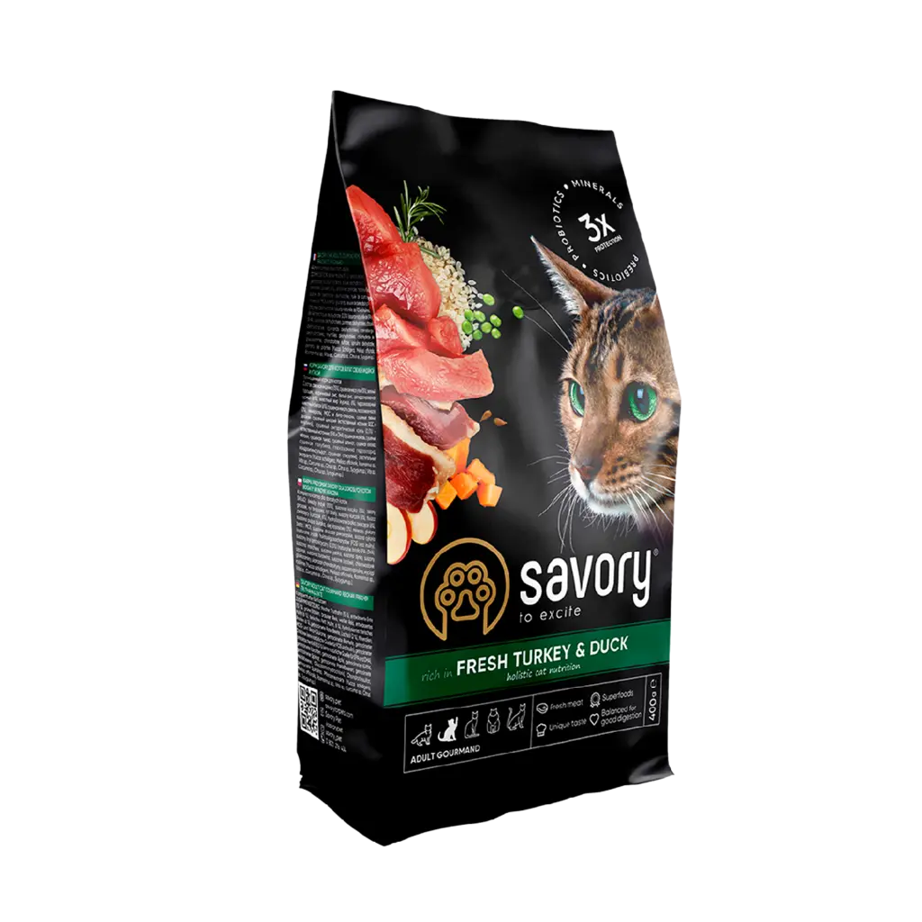 Корм SAVORY сухий для котів гурманів зі свіжою індичкою та качкою 0.4кг арт.30044