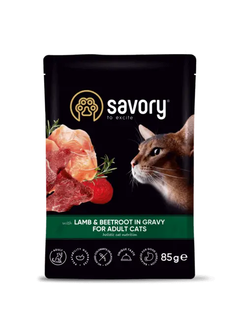 Savory Adult Cat Pouch with Lamb and beetroot in Gravy