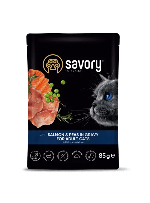 Savory Adult Cat Pouch with Salmon and Peas in Gravy