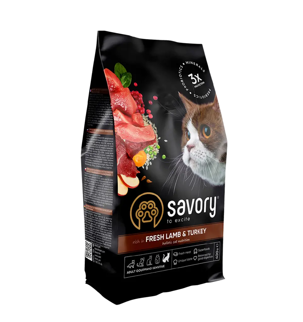 Корм SAVORY сухий для котів з чутливим травленням зі свіжим ягням та індичкою 0.4кг арт.30075