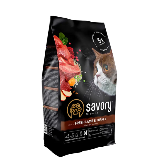 Корм SAVORY сухий для котів з чутливим травленням зі свіжим ягням та індичкою 0.4кг арт.30075