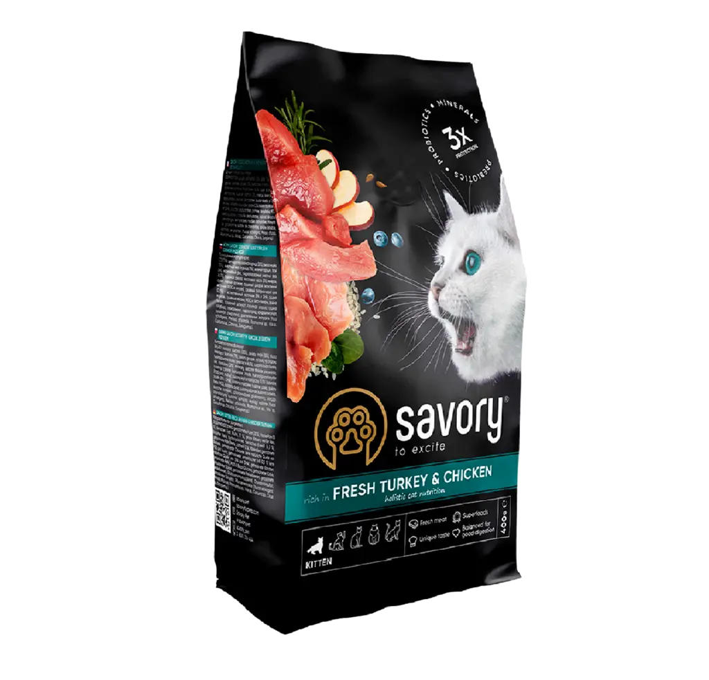 Сухий корм Savory для кошенят всіх порід, зі свіжою індичкою та куркою, 400 г