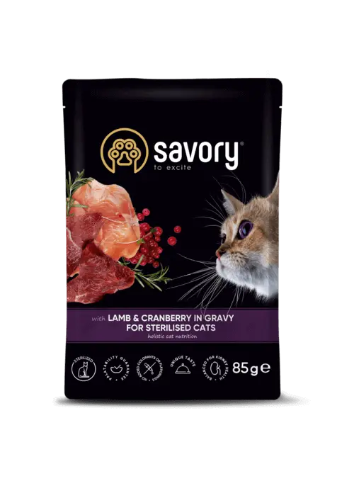 Savory Sterilised Cat Pouch with Lamb and Cranberry in Gravy