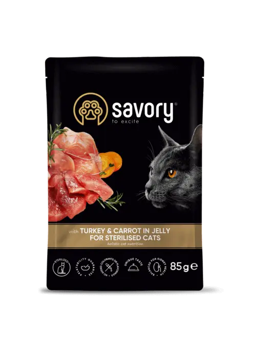 Savory Sterilised Cat Pouch with Turkey and Carrot in Jelly