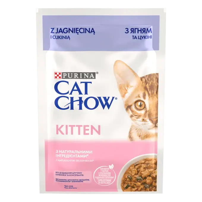 CAT CHOW KITTEN Консервований порційний повнораціонний корм для кошенят, з ягням та цукіні, ніжні шматочки в підливці.