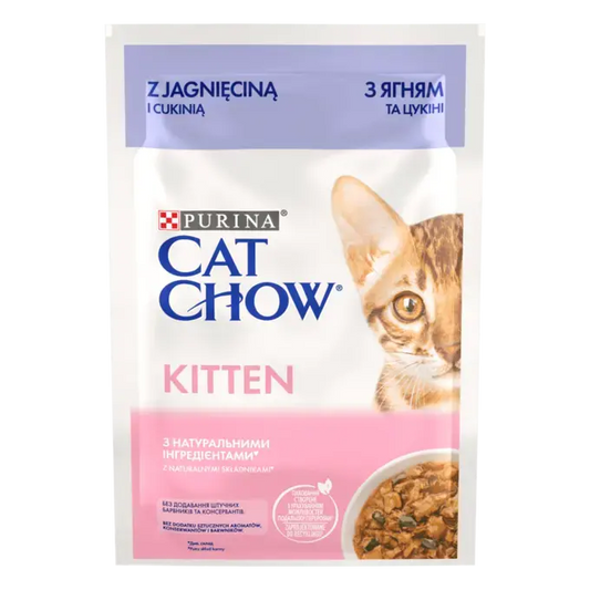 CAT CHOW KITTEN Консервований порційний повнораціонний корм для кошенят, з ягням та цукіні, ніжні шматочки в підливці.