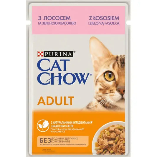 CAT CHOW Консервований порційний повнораціонний корм для дорослих котів, з лососем та зеленою квасолею, ніжні шматочки в желе.