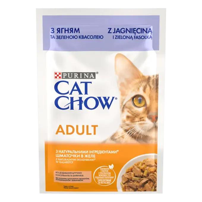 CAT CHOW Консервований порційний повнораціонний корм для дорослих котів, з ягням та зеленою квасолею, ніжні шматочки в желе.