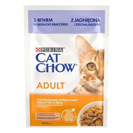 CAT CHOW Консервований порційний повнораціонний корм для дорослих котів, з ягням та зеленою квасолею, ніжні шматочки в желе.