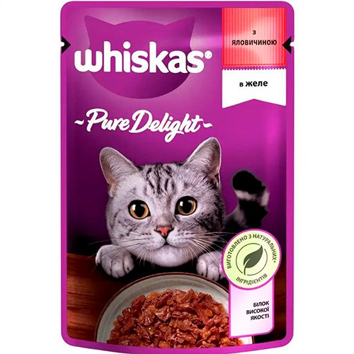Вологий корм для котів Whiskas Pure Delight з яловичиною в желе 85г.