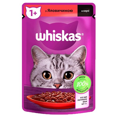 Вологий корм для котів Whiskas з яловичиною в соусі, 85г.
