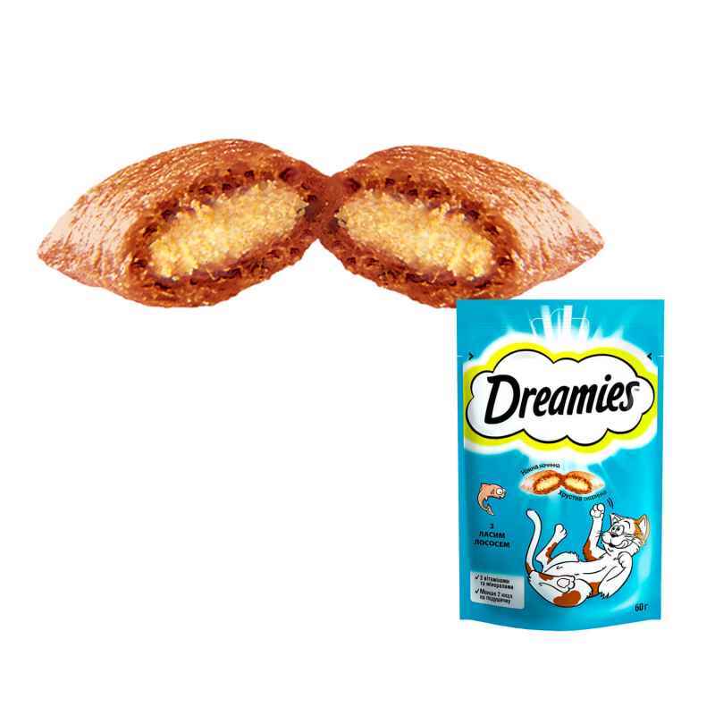 Dreamies (Дрімс) Ласощі у формі хрустких подушечок із лососем для котів