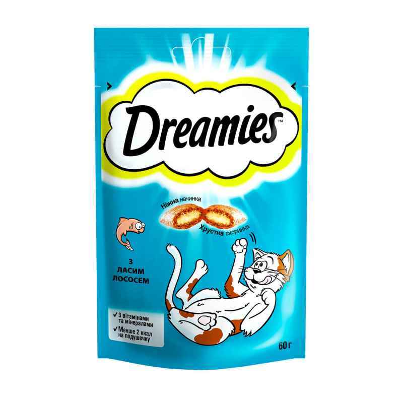 Dreamies (Дрімс) Ласощі у формі хрустких подушечок із лососем для котів